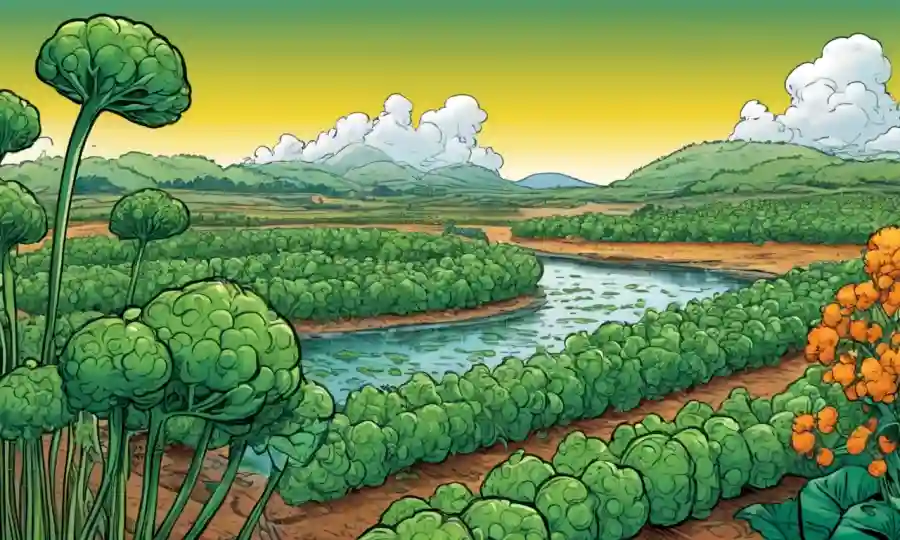 Ilustraciones de crecimiento de plantas que promueven microorganismos y paisajes agrícolas.