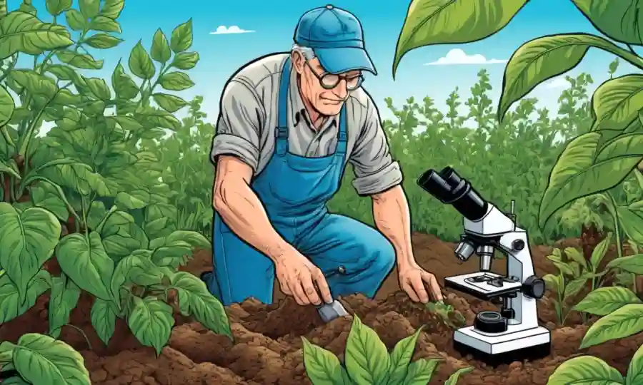 Agricultor agrícola examinando muestras de suelo con microscopio, rodeado de plantas exuberantes.