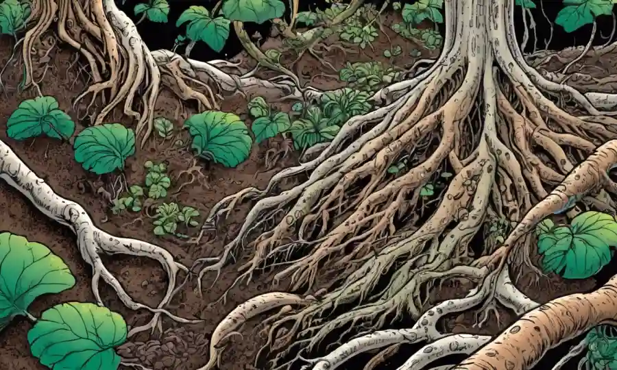 Las raíces vegetales rodeadas de microorganismos que ilustran las relaciones simbióticas.