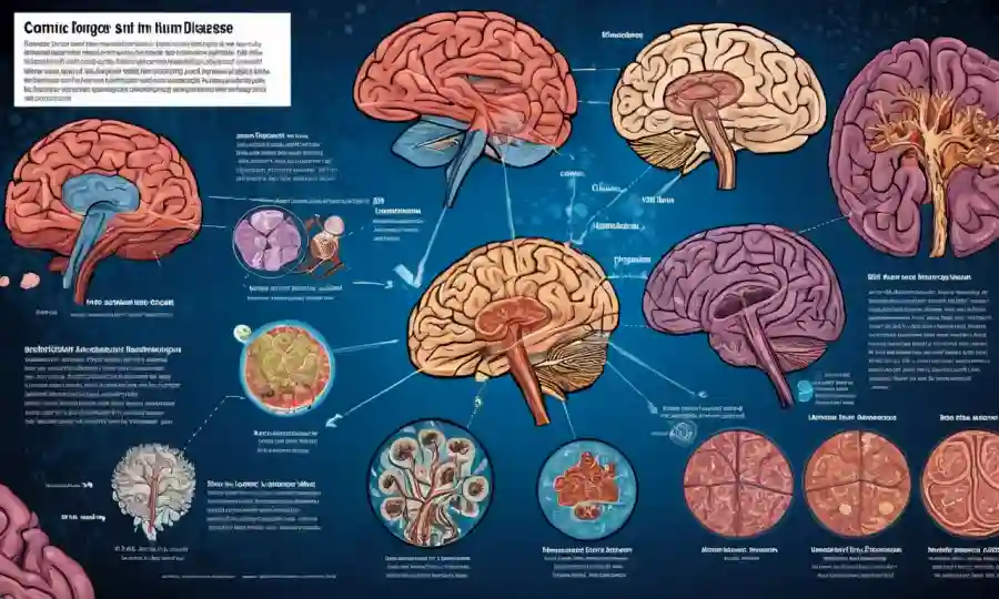 Infografía ilustrando hallazgos de investigación sobre la conexión entre placas cerebrales y enfermedades humanas.