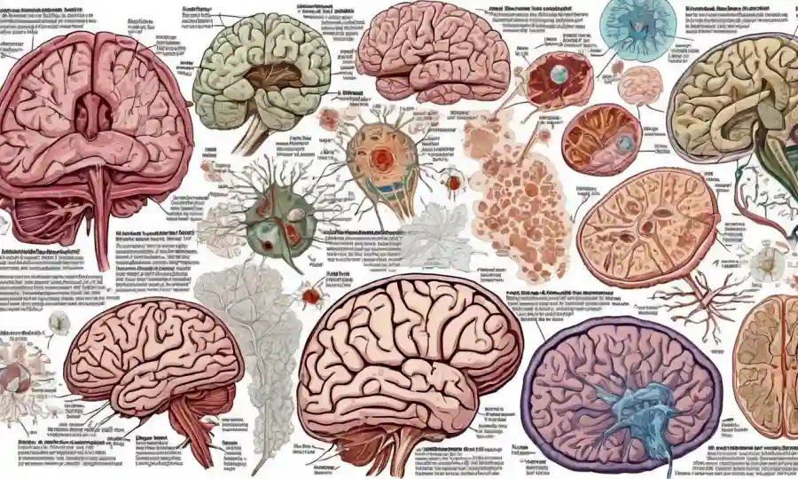 Imágenes microscópicas de tejido cerebral junto con ilustraciones de diversas enfermedades con texto acompañante.