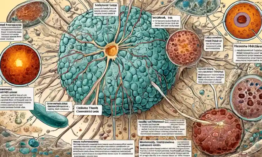 Diagrama que ilustra la formación de células escleróticas, rodeada de texto sobre su relación con las enfermedades humanas.