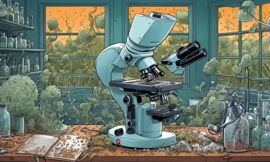 Microscopios y equipo de laboratorio rodeado de imágenes de crecimiento fúngico y diagramas científicos.