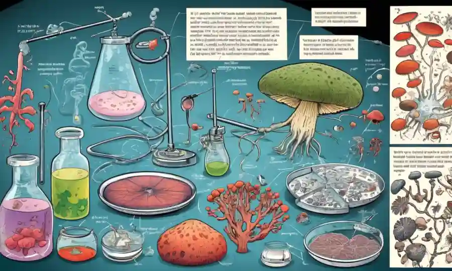 Diagramas científicos y gráficos sobre hongos y enfermedades animales en un entorno de laboratorio.