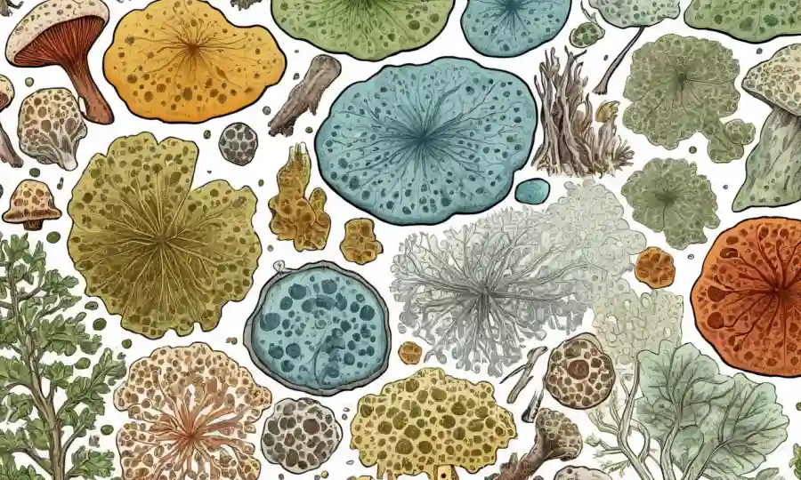 Imagen microscópica de esporas fúngicas rodeadas de mapas médicos animales.