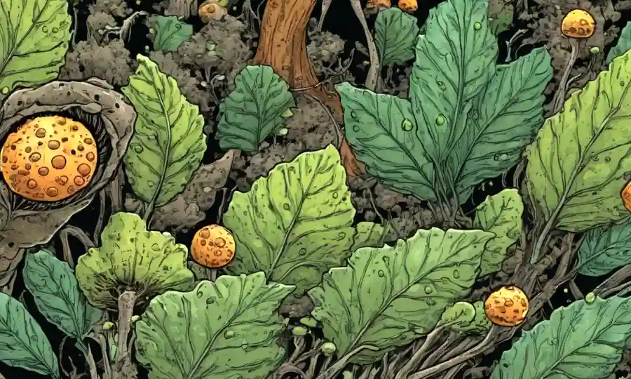 Disparos de esporas fúngicas y hojas de plantas contaminadas con enfermedades.