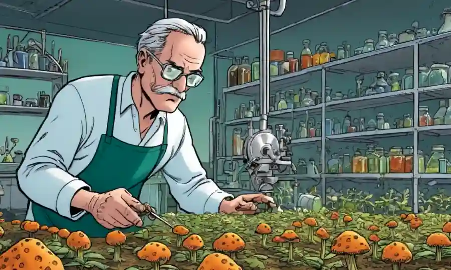 A farmer examining fungal spores in a lab surrounded by agricultural equipment and crops.