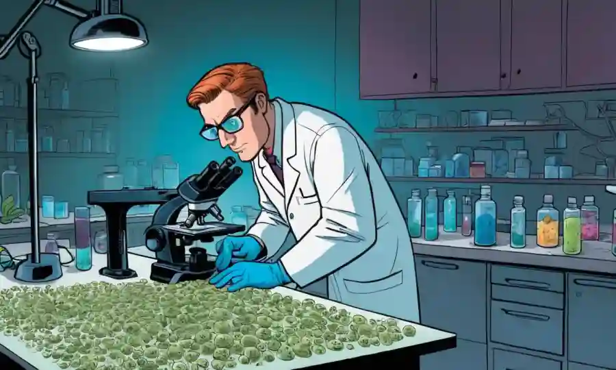 Científico examinando esporas bajo un microscopio en un entorno de laboratorio.