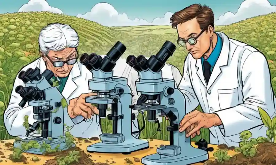 Científicos que examinan microscopios con crecimiento de hongos en entornos agrícolas.