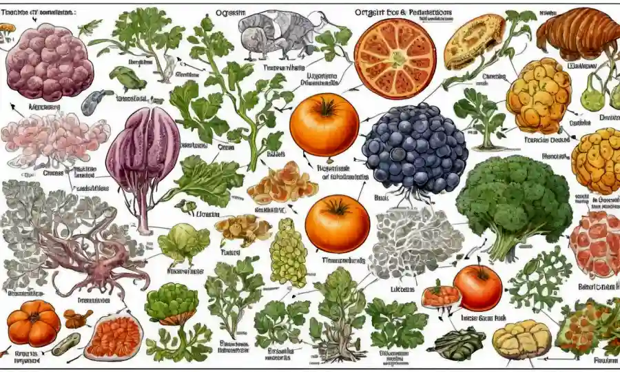 Diagrama científico que ilustra las estructuras adaptativas de las relaciones alimentarias del organismo.