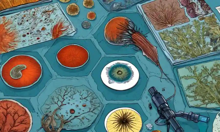 Científico que estudia las diapositivas de microscopio de diferentes formas de organismos.