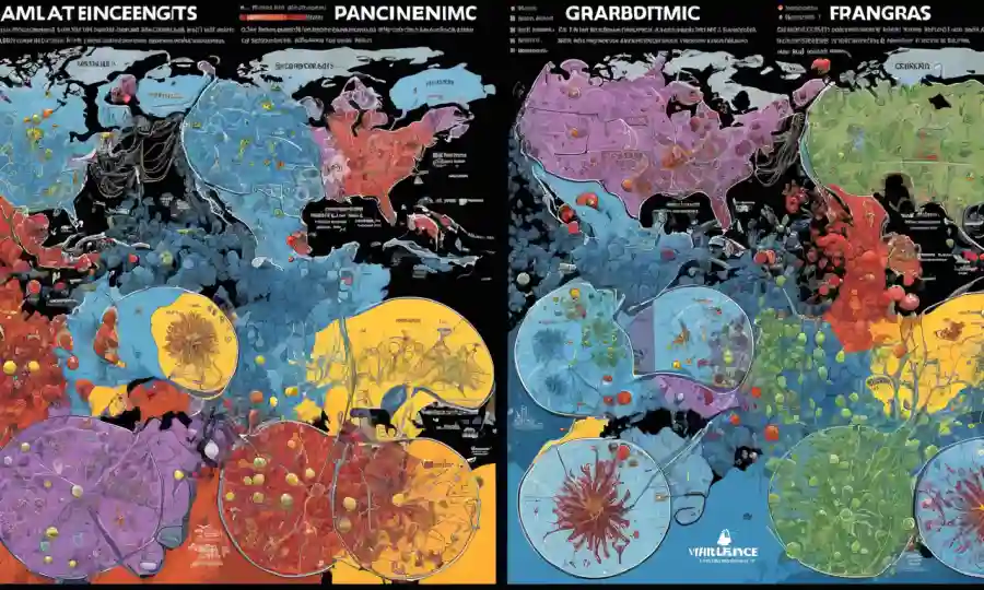 Diagramas de gráficos que comparan la evolución genética y la virulencia de patógenos a través de pandemias.