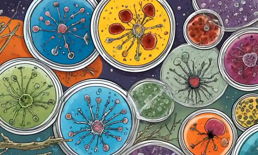 Una imagen científica con varios hongos y microorganismos en platos petri con flechas destacando su correlación con enfermedades.