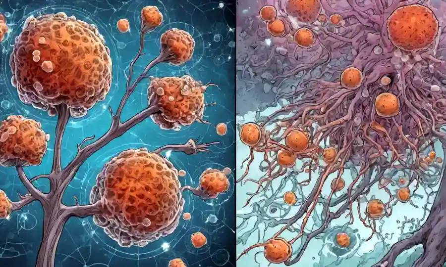 Microscopio examinando células fúngicas entre diagramas que muestran conexiones de enfermedad.
