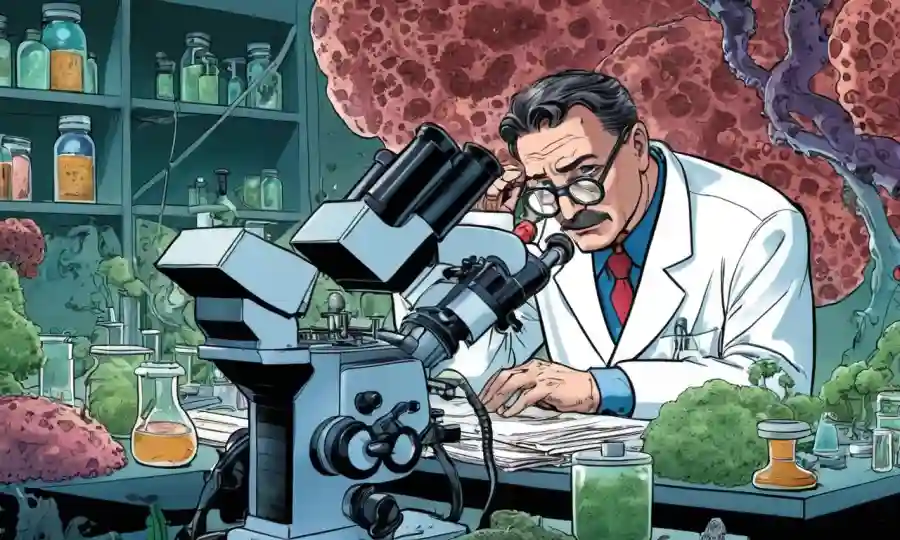 Científico sentado en un microscopio, entre culturas fúngicas y papeles de investigación.