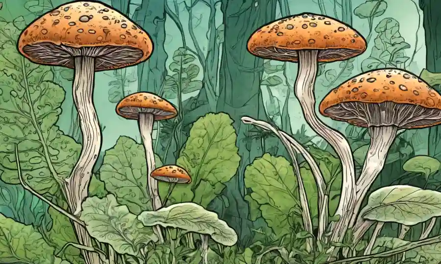 Crecimiento fúngico en las hojas de planta con síntomas y superposiciones de texto destacando la relación.