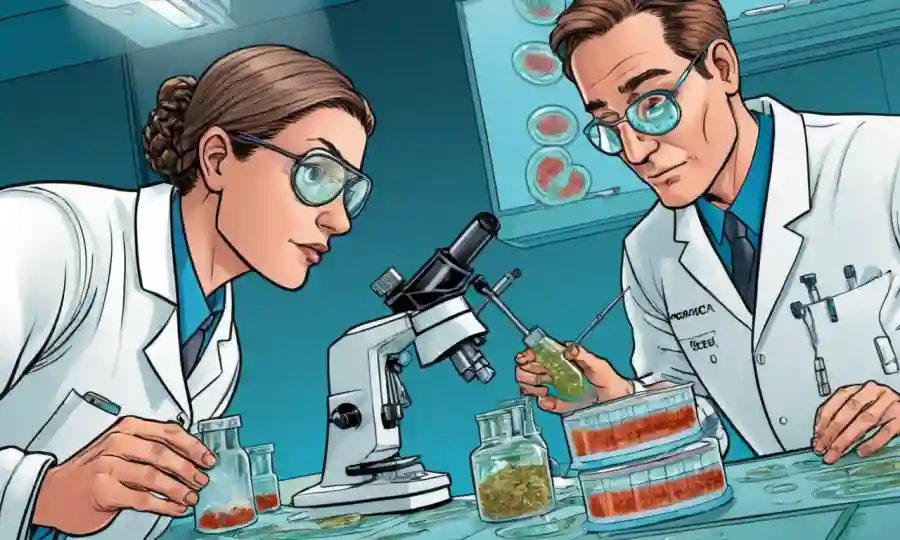 Científicos que estudian platos petri que contienen culturas fúngicas y toboganes microscopio.