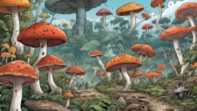 Ilustraciones que comparan hongos con enfermedades transmitidas de animales a seres humanos.