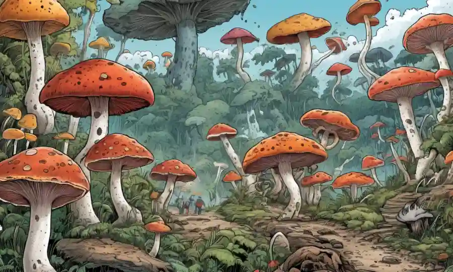 Ilustraciones que comparan hongos con enfermedades transmitidas de animales a seres humanos.