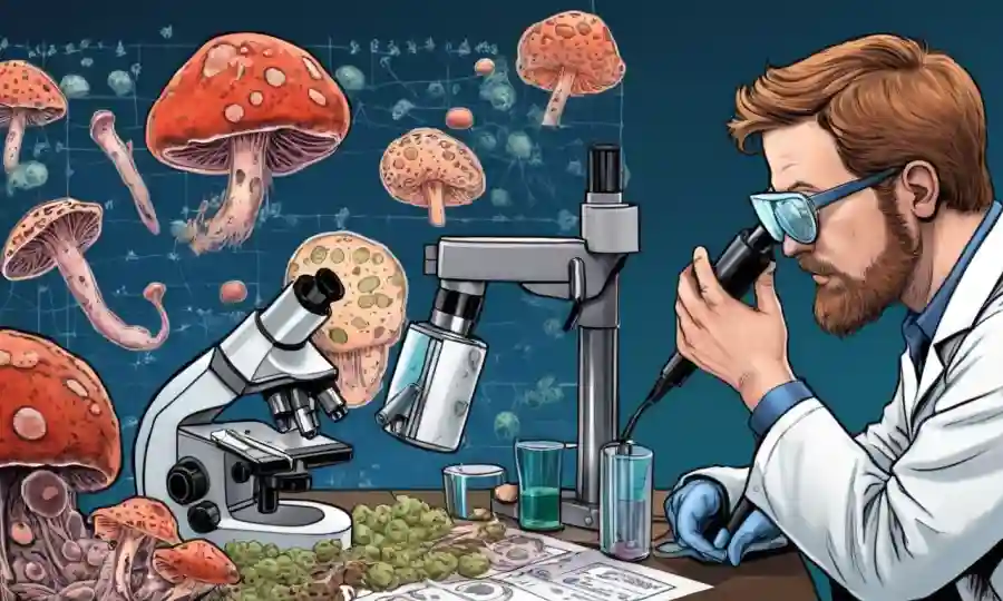 Científico estudiando infecciones fúngicas en modelos animales bajo microscopio con gráficos de enfermedad.