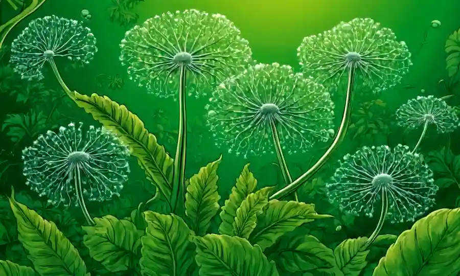 Una planta sale con hifas fúngicas y moléculas de oxígeno en medio de un fondo verde.