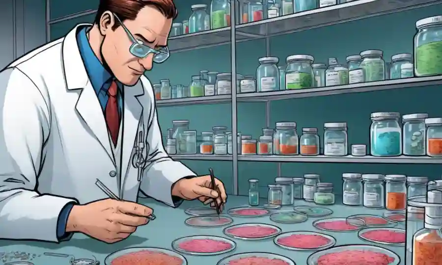 Científicos que estudian platos petri llenos de culturas fúngicas, junto con diagramas médicos, en un entorno de laboratorio.