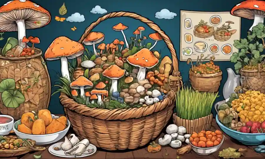 Una variedad de setas comestibles en una cesta, rodeadas de iconos y gráficos relacionados con la comida.