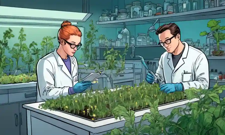 Microbiólogos que estudian hongos en un laboratorio con plantas agrícolas cercanas.