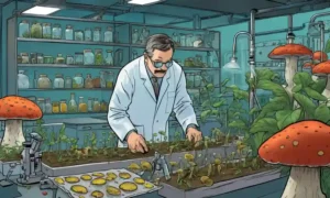 Científicos que estudian hongos y cultivos en un laboratorio.