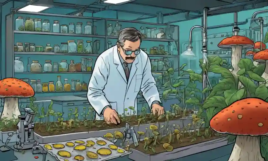 Científicos que estudian hongos y cultivos en un laboratorio.