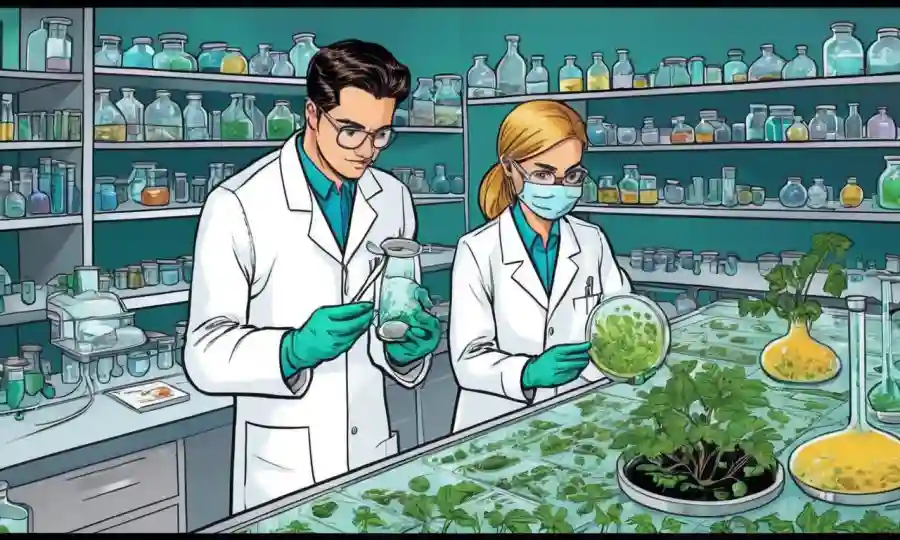 Científicos en capas de laboratorio que examinan muestras de hongos y plantas en platos petri.