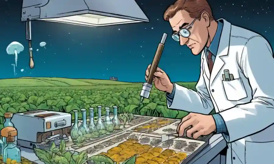 Un científico que examina muestras de hongos con antecedentes de campos agrícolas y equipos de laboratorio.