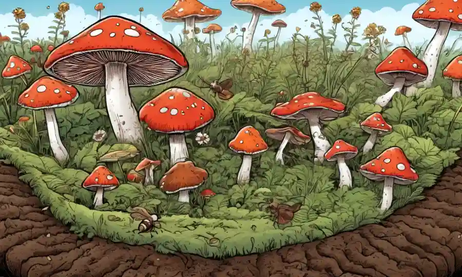Setas que crecen en suelo de granja con insectos volando alrededor.