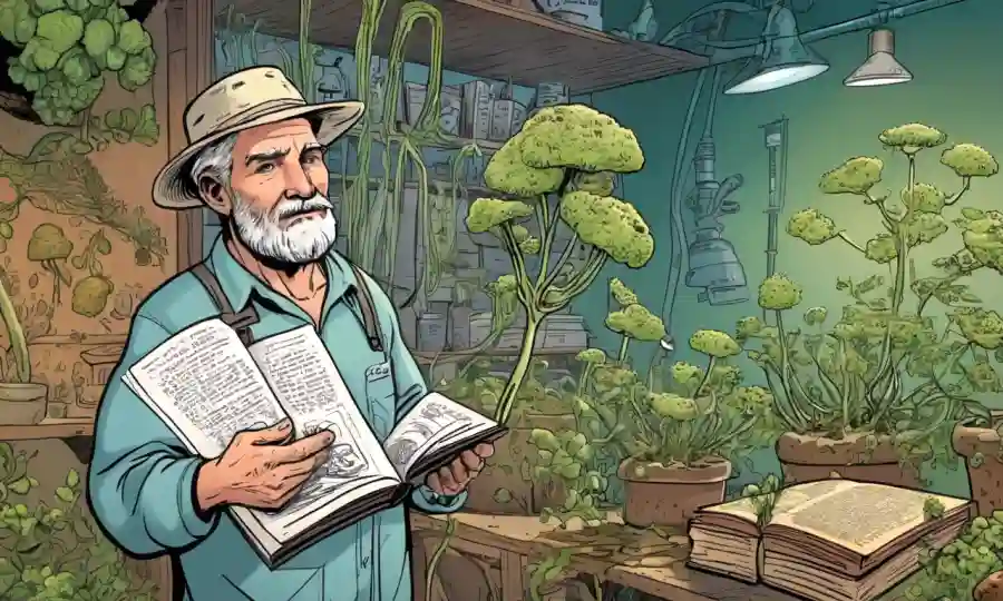 Un agricultor que sostiene una planta, rodeada de crecimientos fúngicos, con diagramas científicos y libros en el fondo.