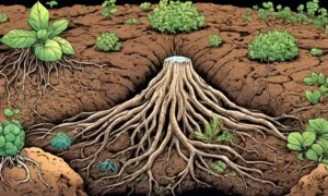 Roots of plants surrounded by interconnected soil microorganisms.