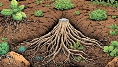 Roots of plants surrounded by interconnected soil microorganisms.