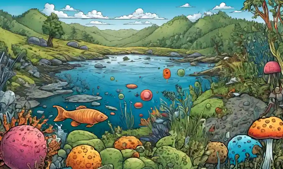 Ilustraciones científicas de microorganismos y ecosistemas.