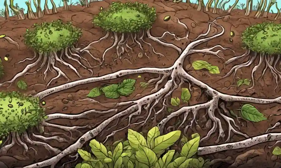 Patógenos microscópicos interactuando en el ecosistema del suelo entre raíces y plantas.