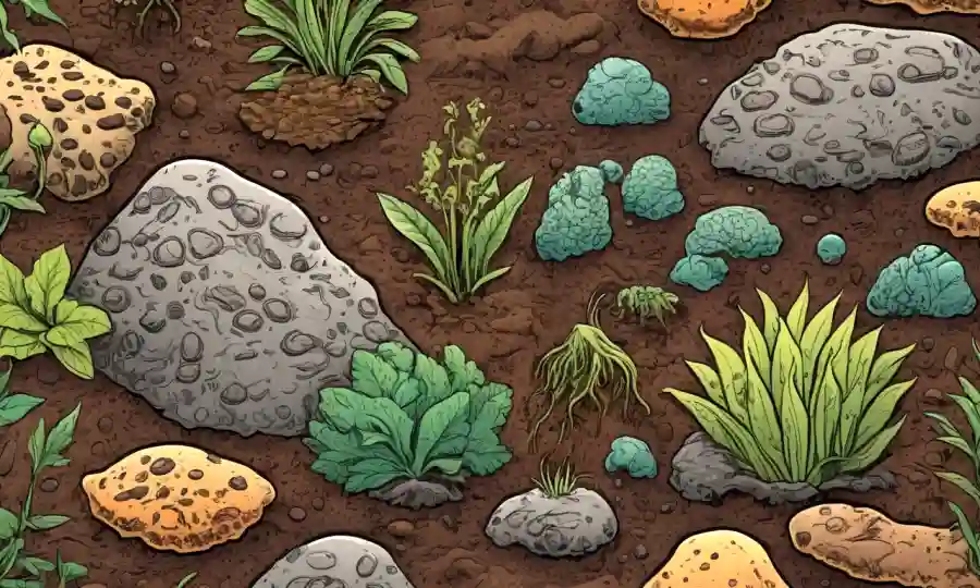 Vistas al microscopio del suelo mostrando una vida microbiana diversa entre la textura y las plantas del suelo.