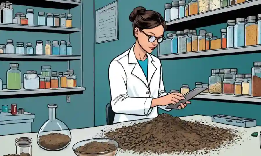 Investigadora que estudia muestras de suelo en un entorno de laboratorio.