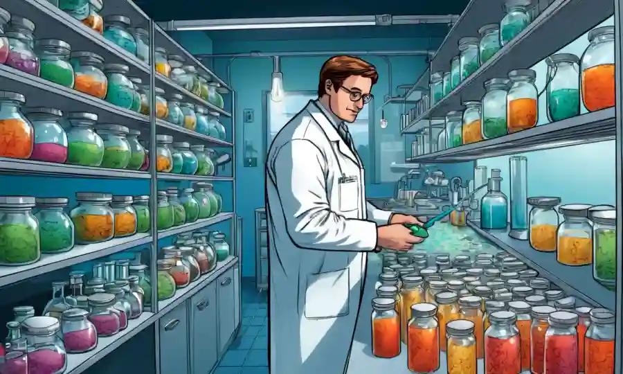 Científico que trabaja en un laboratorio en medio de platos de hongos y equipos innovadores de biotecnología.