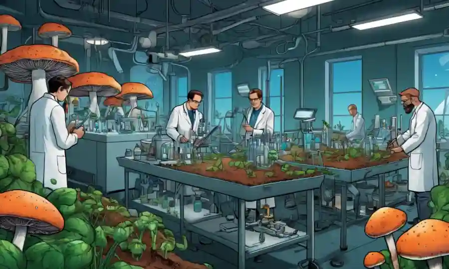 Escena de laboratorios de crecimiento de hongos con científicos que trabajan, rodeados de visualizaciones de datos agrícolas y de salud.