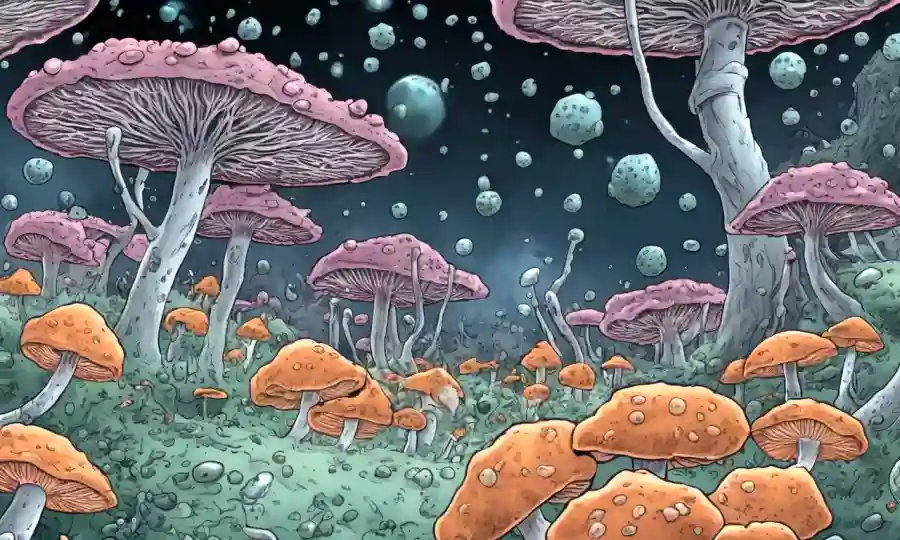 Una visión microscópica de células hongos con compuestos químicos interactuando en el fondo, sugiriendo estudios toxicológicos.