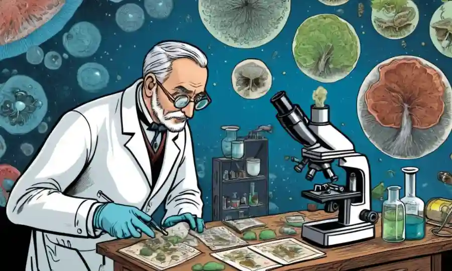 Científico antiguo examinando una diapositiva de microscopio de hongos, con fórmulas químicas e ilustraciones que rodean.