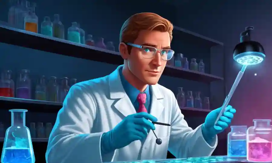 Investigador de laboratorio estudiando diapositivas de microscopio con fondo brillante de platos Petri.