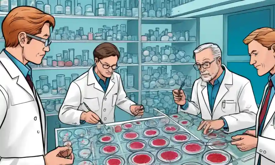 Microbiólogos que examinan platos Petri con diapositivas microscópicas