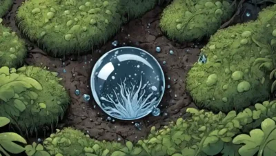 La gota de agua rodeada de hifas fúngicas en un entorno natural