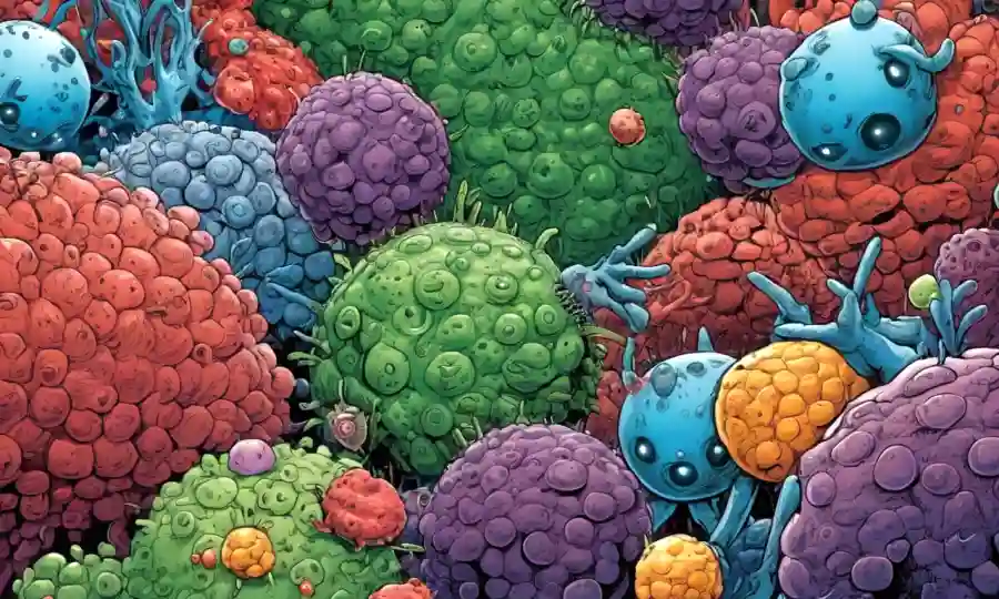 Microorganismos interactuando con organismos anfitriones en una relación simbiótica.