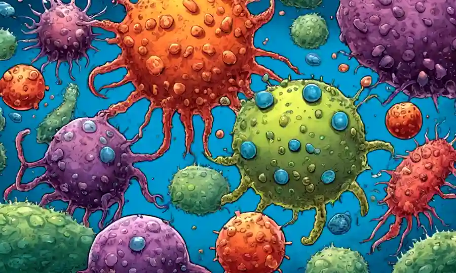 Imagen de microbios y células en simbiosis con organismos, destacando las implicaciones sanitarias.