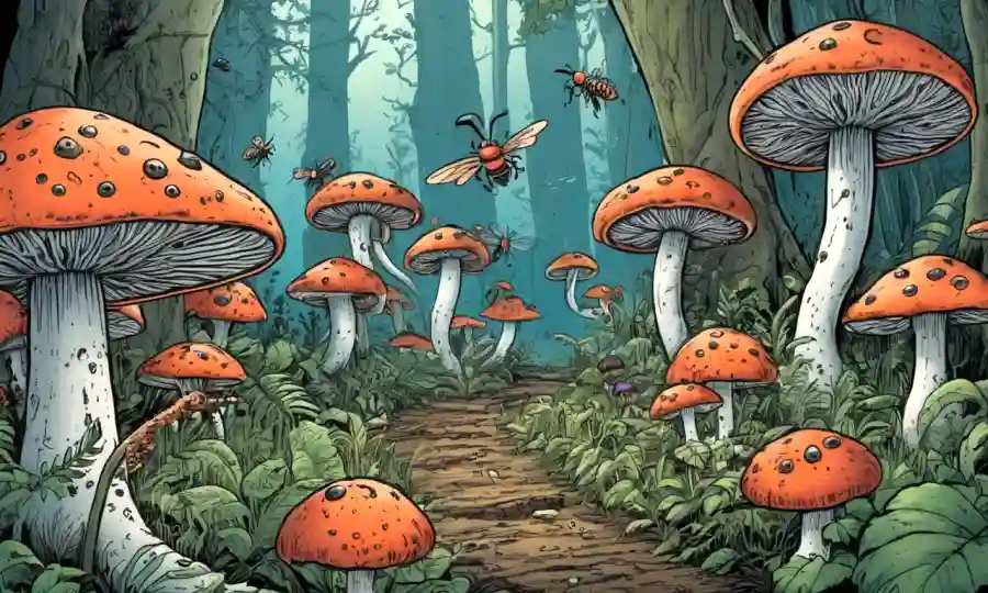 Imagen de hongos que crecen entrelazados con insectos en un ecosistema forestal.